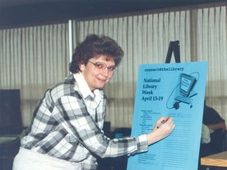 In this historic photo, Nebraska Methodist College Directory of Library Services Bev Sedlacek gets ready for National Library Week. In this historic photo, Nebraska Methodist College Directory of Library Services Bev Sedlacek gets ready for National Library Week.